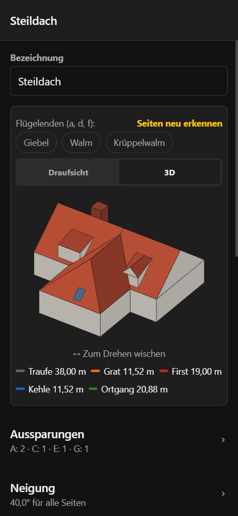 3D-Ansicht eines Winkeldachs mit Gauben und Kamin